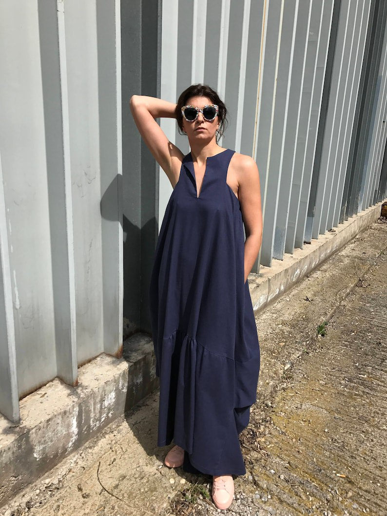 linen maxi dress, long linen dress, blue linen dress, linen tunic dress, summer maxi dress, women's maxi dress, linen clothing, linen dress