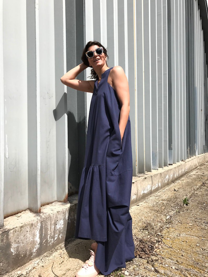 linen maxi dress, long linen dress, blue linen dress, linen tunic dress, summer maxi dress, women's maxi dress, linen clothing, linen dress