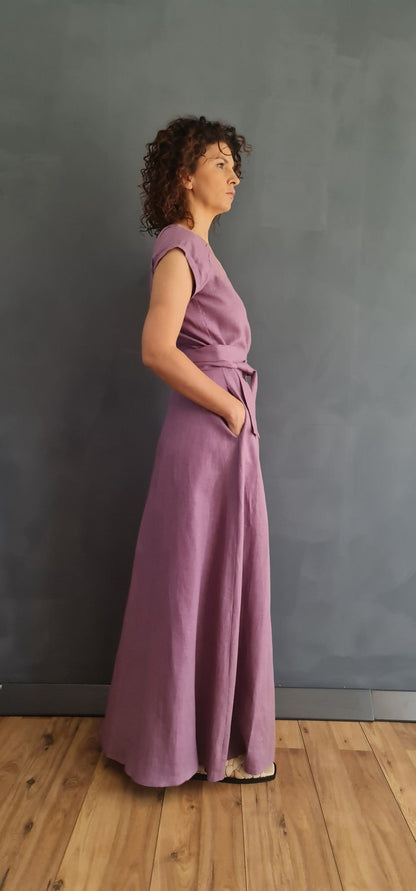 linen wrap dress, lavender wrap dress, women's wrap dress, long linen wrap dress, pure linen wrap dress, maxi wrap dress, linen clothing