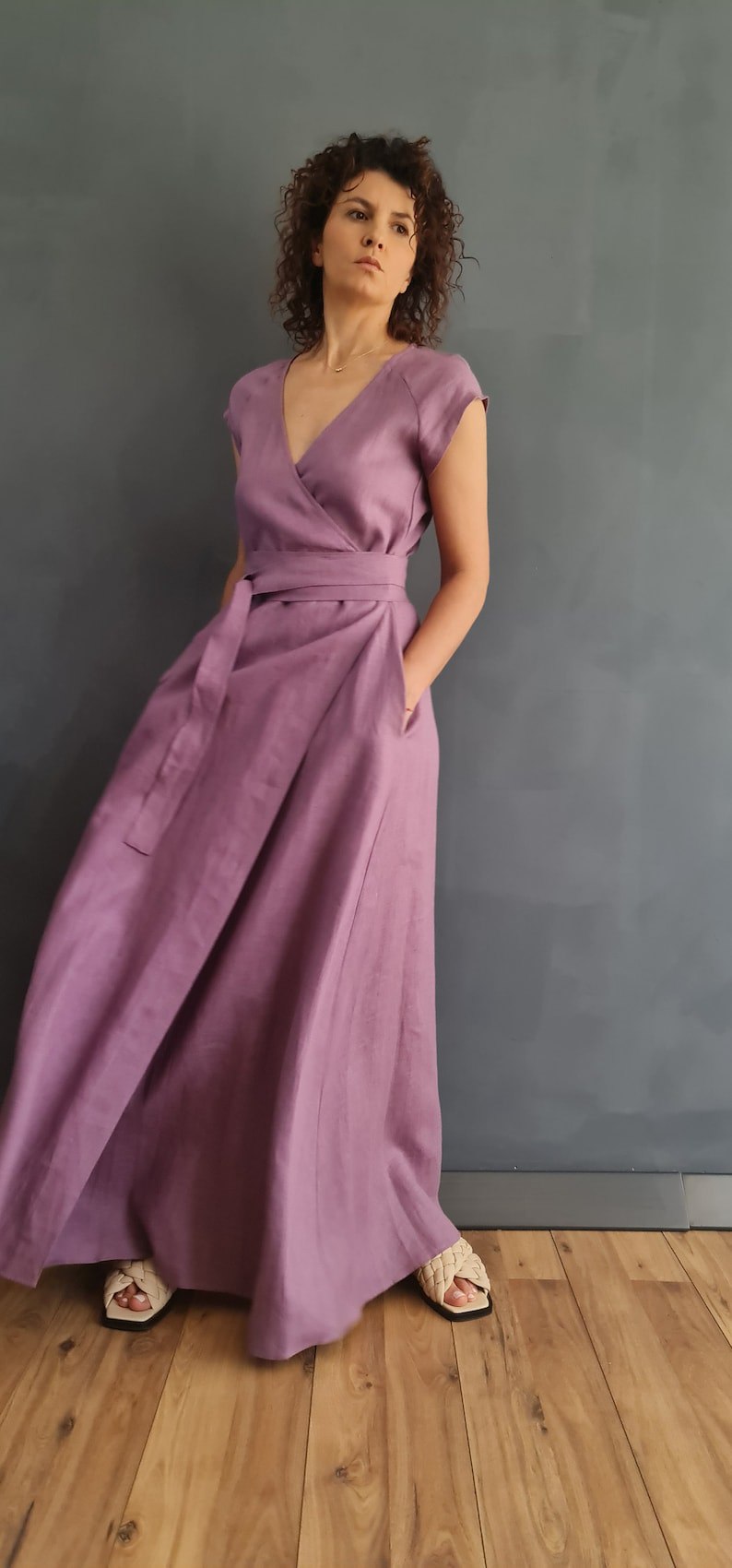 linen wrap dress, lavender wrap dress, women's wrap dress, long linen wrap dress, pure linen wrap dress, maxi wrap dress, linen clothing