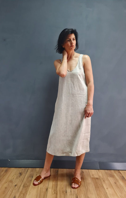 linen dress with waist, midi linen dress, pure linen dress, white linen dress, loose linen dress, vest linen dress, trapezoidal linen dress