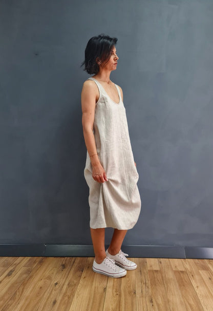 linen dress with waist, midi linen dress, pure linen dress, white linen dress, loose linen dress, vest linen dress, trapezoidal linen dress