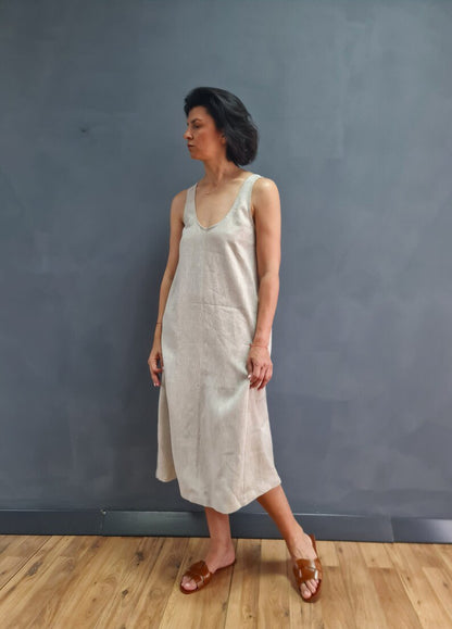 linen dress with waist, midi linen dress, pure linen dress, white linen dress, loose linen dress, vest linen dress, trapezoidal linen dress