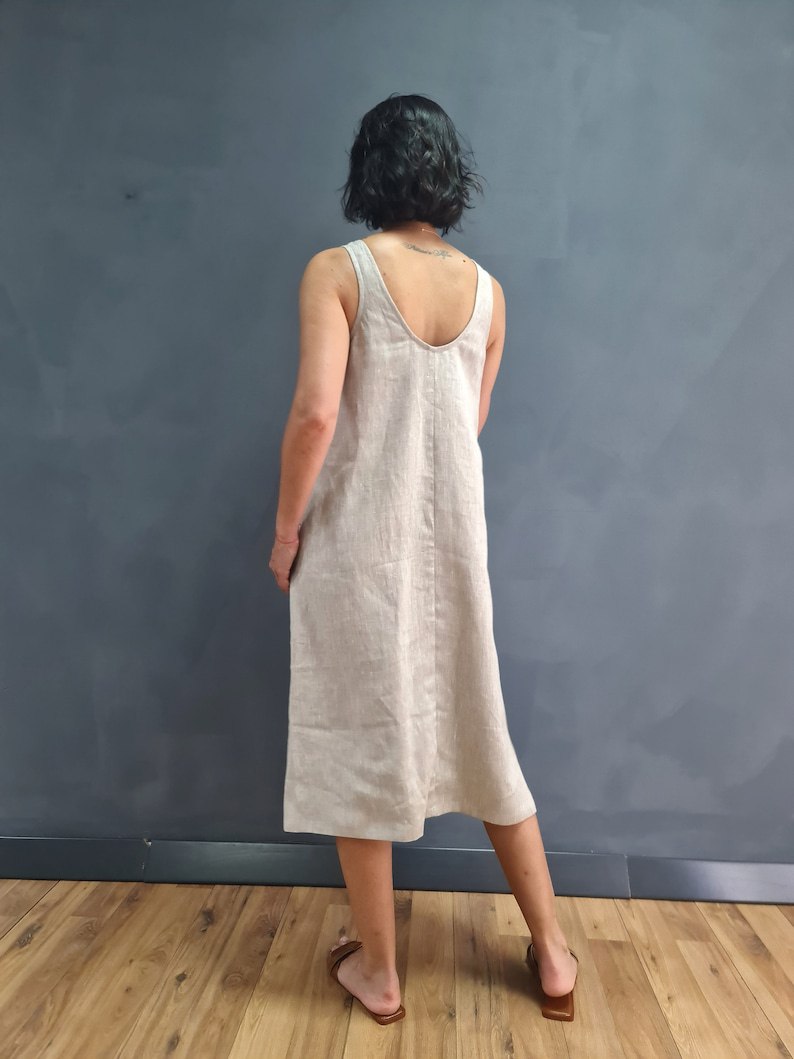 linen dress with waist, midi linen dress, pure linen dress, white linen dress, loose linen dress, vest linen dress, trapezoidal linen dress