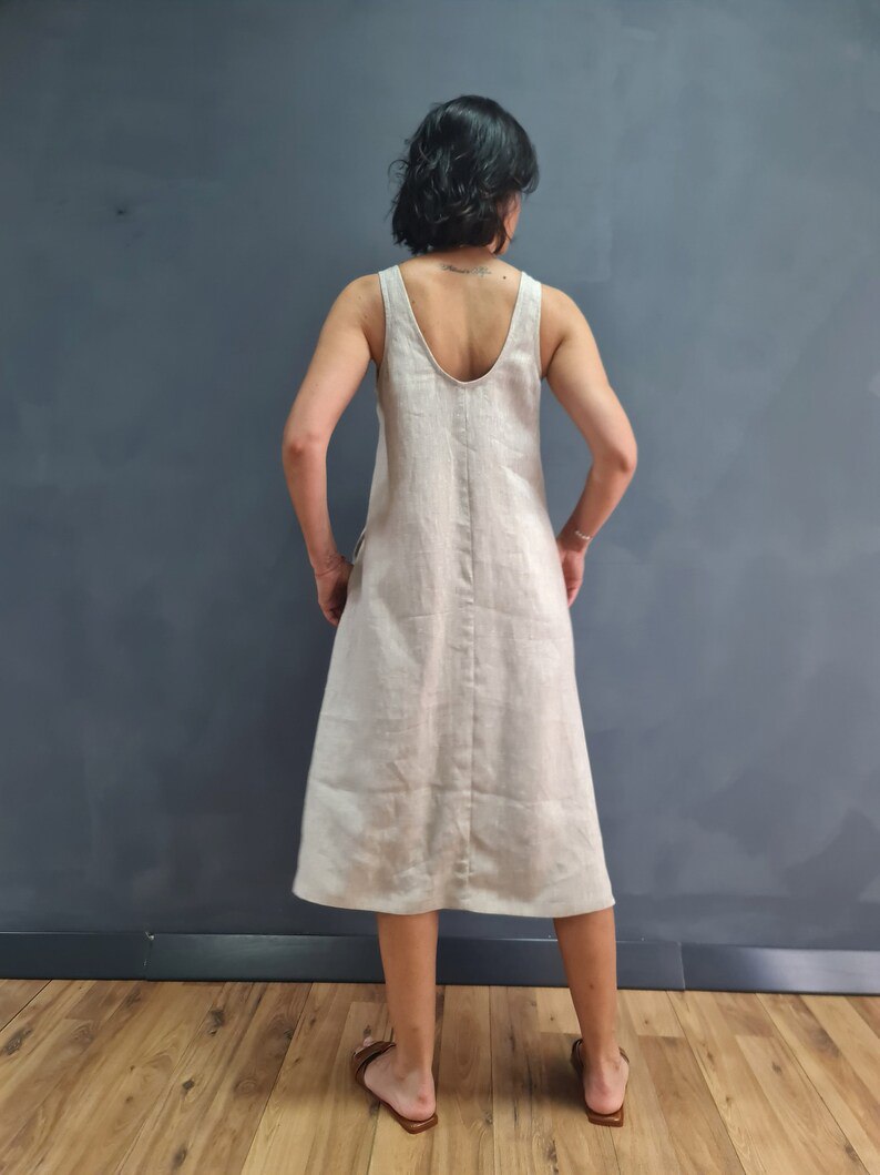 linen dress with waist, midi linen dress, pure linen dress, white linen dress, loose linen dress, vest linen dress, trapezoidal linen dress