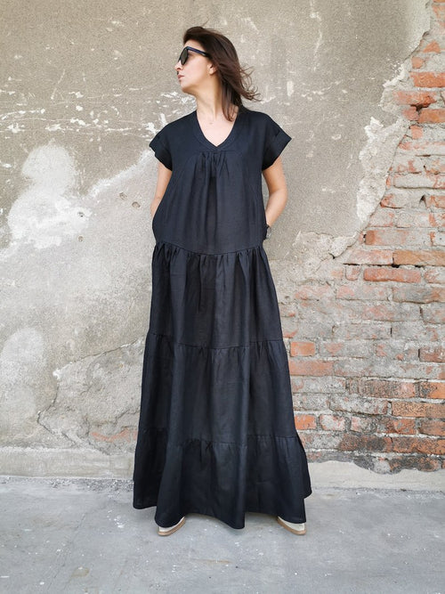 long black linen dress, maxi linen dress, multi-layered linen dress, black linen dress, long linen dress, short sleeve linen dress, black dress