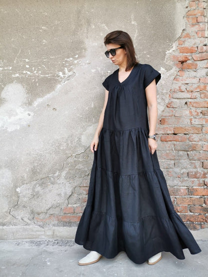 long black linen dress, maxi linen dress, multi-layered linen dress, black linen dress, long linen dress, short sleeve linen dress, black dress