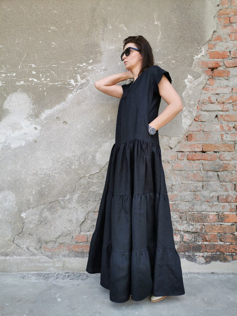 long black linen dress, maxi linen dress, multi-layered linen dress, black linen dress, long linen dress, short sleeve linen dress, black dress