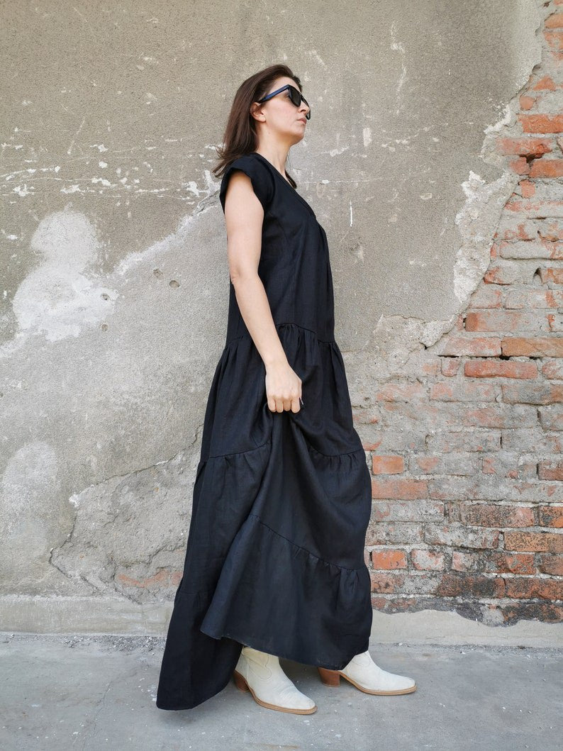 long black linen dress, maxi linen dress, multi-layered linen dress, black linen dress, long linen dress, short sleeve linen dress, black dress