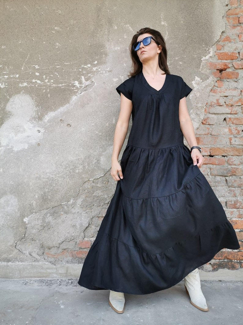 long black linen dress, maxi linen dress, multi-layered linen dress, black linen dress, long linen dress, short sleeve linen dress, black dress