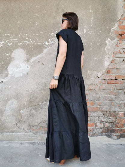 long black linen dress, maxi linen dress, multi-layered linen dress, black linen dress, long linen dress, short sleeve linen dress, black dress