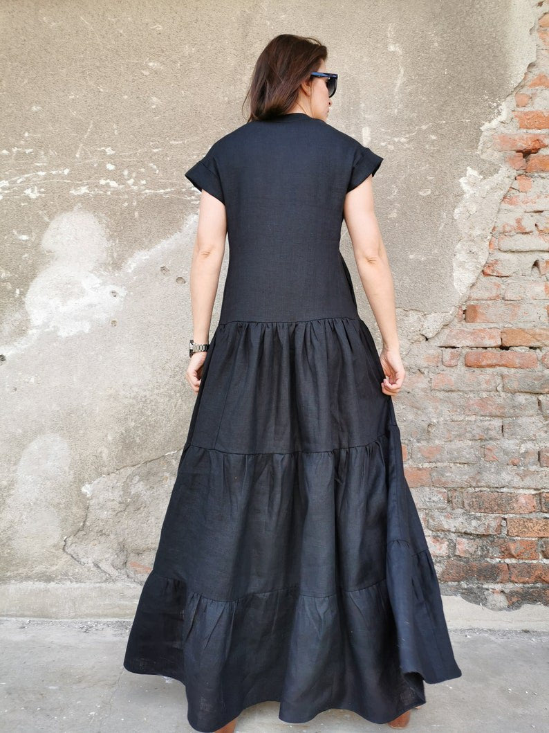 long black linen dress, maxi linen dress, multi-layered linen dress, black linen dress, long linen dress, short sleeve linen dress, black dress