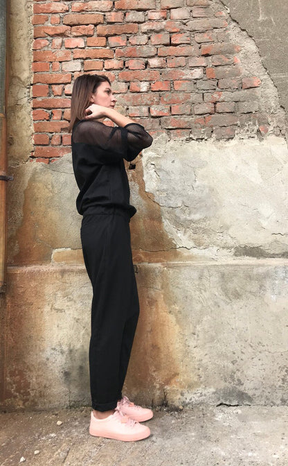 black linen jumpsuit, long sleeve linen jumpsuit, women's jumpsuit, linen jumpsuit, linen jumpsuit, loose jumpsuit, plus size linen jumpsuit