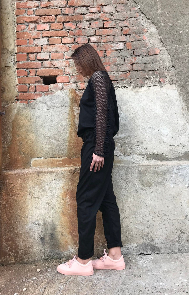 black linen jumpsuit, long sleeve linen jumpsuit, women's jumpsuit, linen jumpsuit, linen jumpsuit, loose jumpsuit, plus size linen jumpsuit