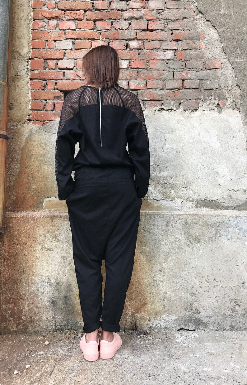 black linen jumpsuit, long sleeve linen jumpsuit, women's jumpsuit, linen jumpsuit, linen jumpsuit, loose jumpsuit, plus size linen jumpsuit
