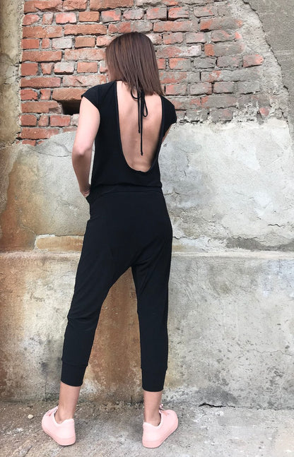 Open Back Jumpsuit, Casual Jumpsuit, Jumpsuit Leggings, Black Summer Jumpsuit, Pocket Jumpsuit, Short Sleeves Romper, Festival Clothing