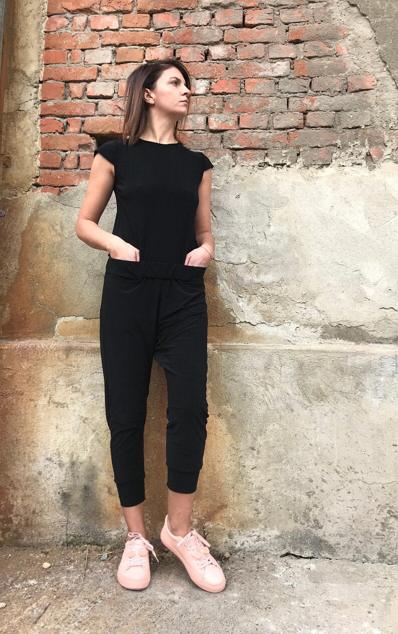 Open Back Jumpsuit, Casual Jumpsuit, Jumpsuit Leggings, Black Summer Jumpsuit, Pocket Jumpsuit, Short Sleeves Romper, Festival Clothing