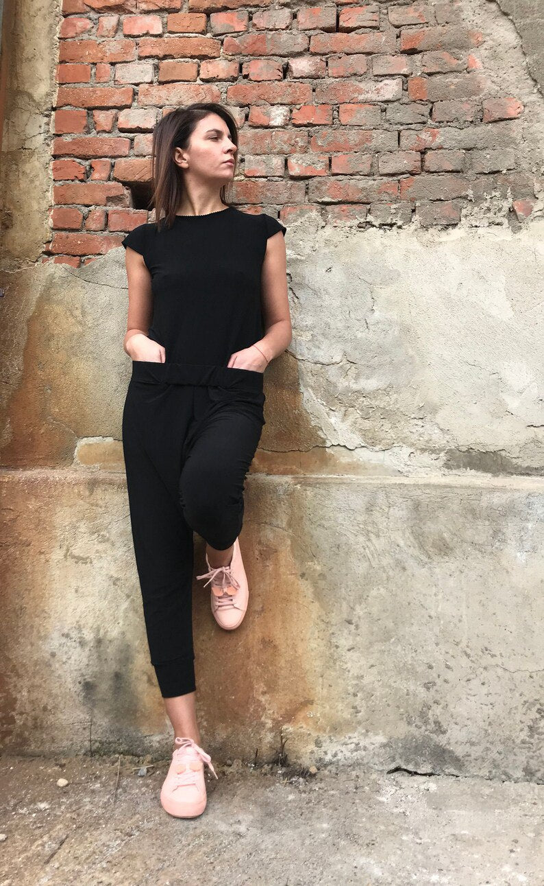 Open Back Jumpsuit, Casual Jumpsuit, Jumpsuit Leggings, Black Summer Jumpsuit, Pocket Jumpsuit, Short Sleeves Romper, Festival Clothing
