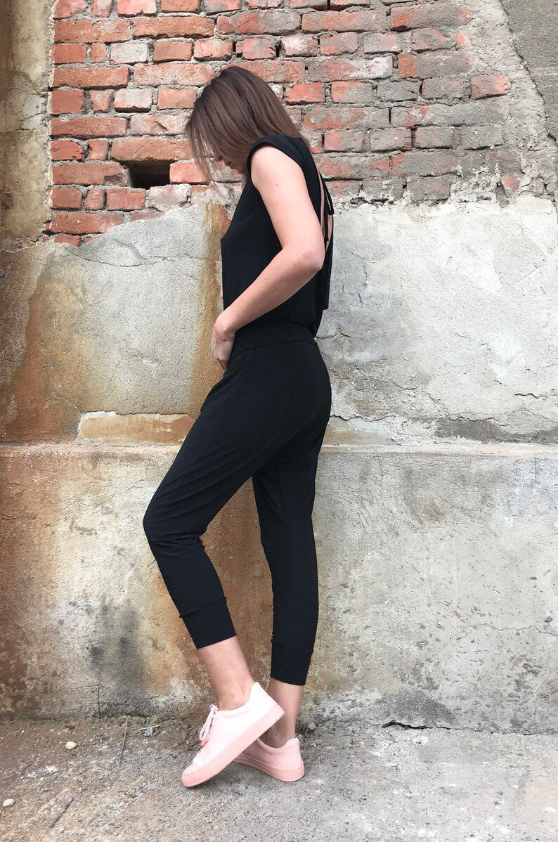 Open Back Jumpsuit, Casual Jumpsuit, Jumpsuit Leggings, Black Summer Jumpsuit, Pocket Jumpsuit, Short Sleeves Romper, Festival Clothing