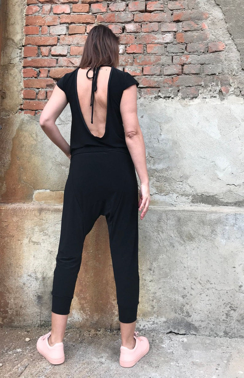 Open Back Jumpsuit, Casual Jumpsuit, Jumpsuit Leggings, Black Summer Jumpsuit, Pocket Jumpsuit, Short Sleeves Romper, Festival Clothing