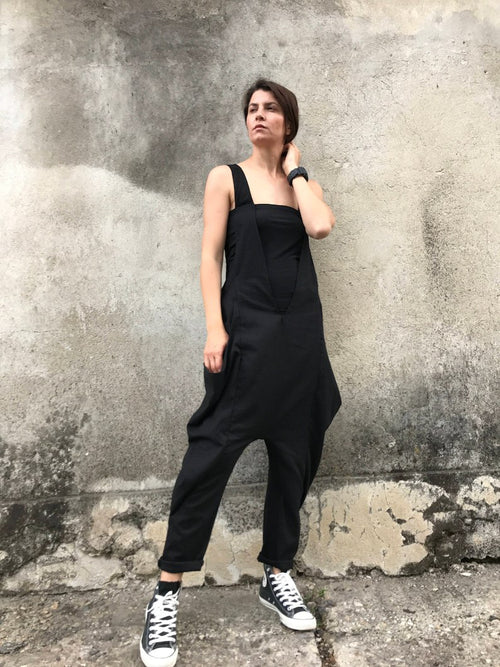 women's jumpsuit, linen jumpsuit, linen romper, drop crotch jumpsuit, women's jumpsuit, casual jumpsuit, gothic clothing, plus size jumpsuit