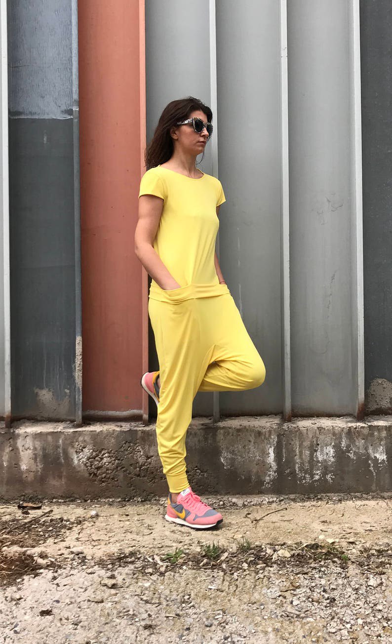 women's jumpsuit, women's jumpsuit, yellow jumpsuit, yellow overalls, backless top, yellow jumpsuit, short sleeve jumpsuit, simple jumpsuit