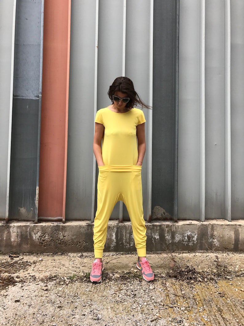 women's jumpsuit, women's jumpsuit, yellow jumpsuit, yellow overalls, backless top, yellow jumpsuit, short sleeve jumpsuit, simple jumpsuit