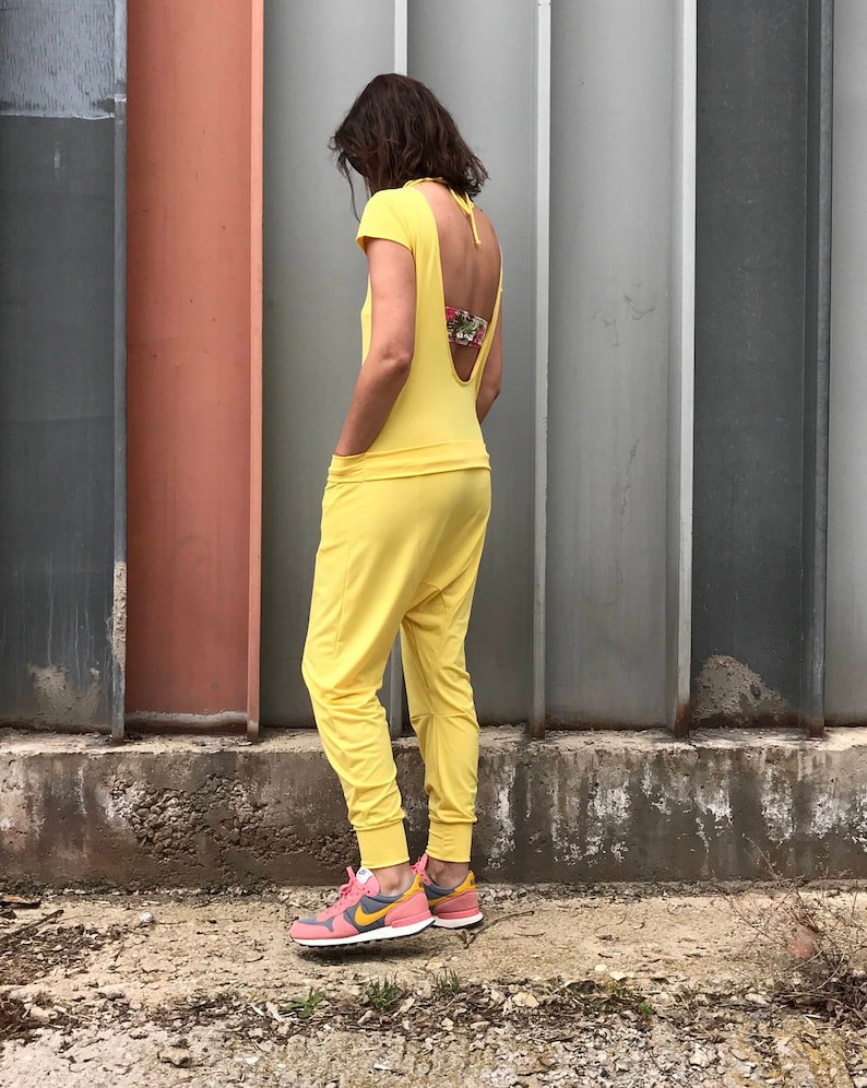 women's jumpsuit, women's jumpsuit, yellow jumpsuit, yellow overalls, backless top, yellow jumpsuit, short sleeve jumpsuit, simple jumpsuit