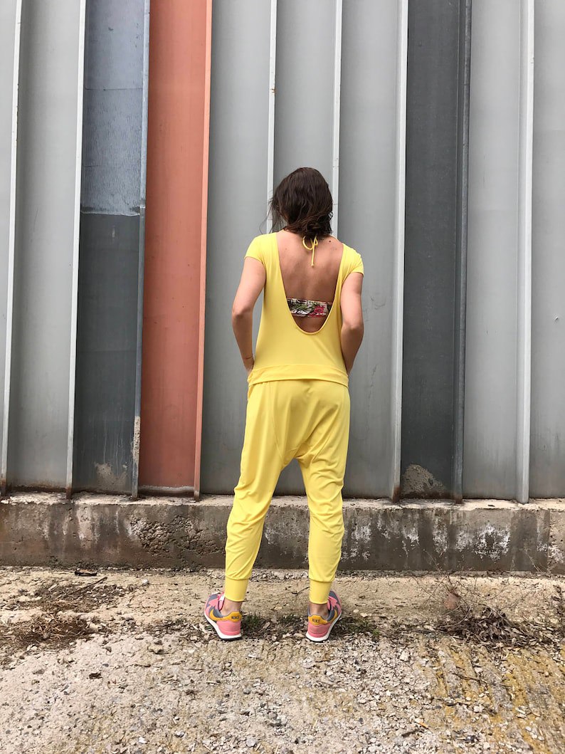 women's jumpsuit, women's jumpsuit, yellow jumpsuit, yellow overalls, backless top, yellow jumpsuit, short sleeve jumpsuit, simple jumpsuit