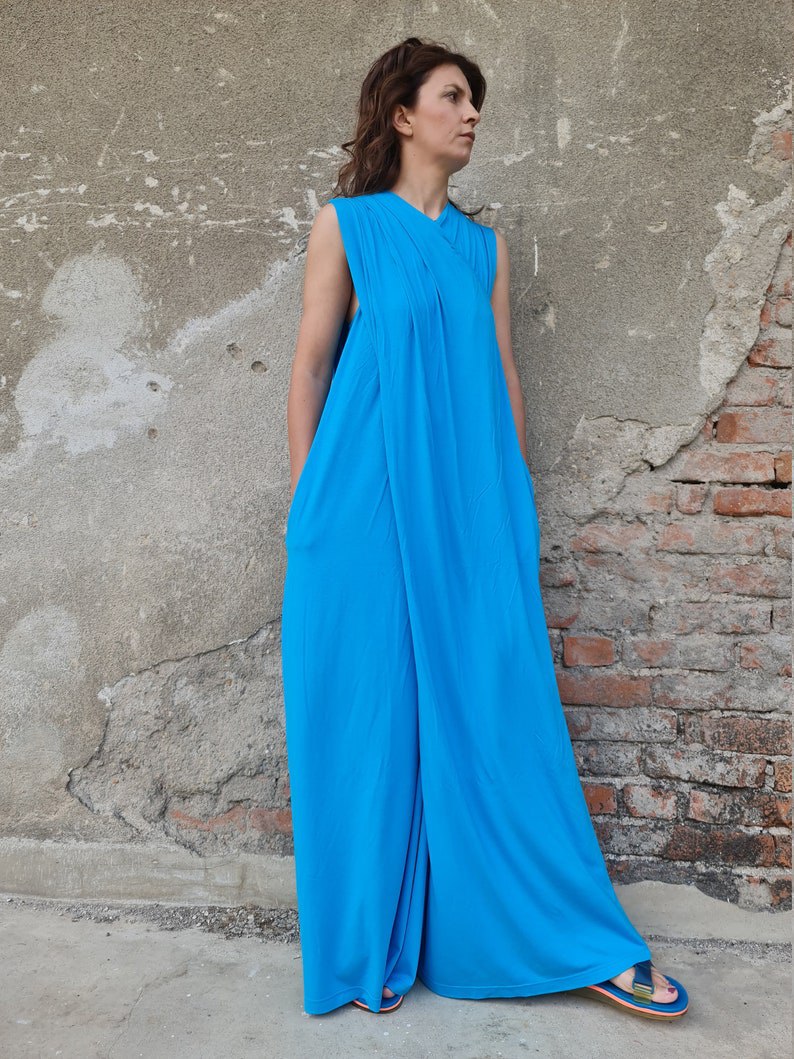 Turquoise Summer Jumpsuit, Loose Fit Jumpsuit, Wide Leg Jumpsuit, Sleeveless Turquoise Jumpsuit, Criss Cross Jumpsuit, Long Jumpsuit Dress