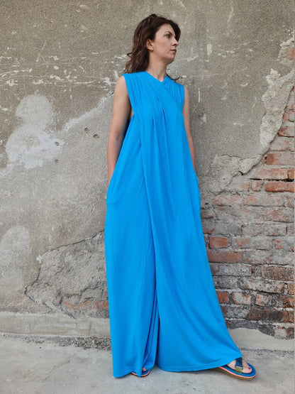 Turquoise Summer Jumpsuit, Loose Fit Jumpsuit, Wide Leg Jumpsuit, Sleeveless Turquoise Jumpsuit, Criss Cross Jumpsuit, Long Jumpsuit Dress