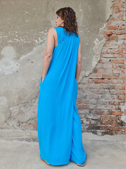 Turquoise Summer Jumpsuit, Loose Fit Jumpsuit, Wide Leg Jumpsuit, Sleeveless Turquoise Jumpsuit, Criss Cross Jumpsuit, Long Jumpsuit Dress