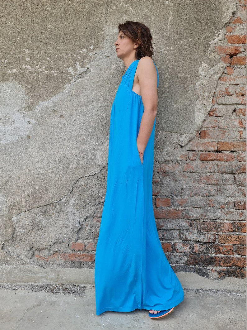Turquoise Summer Jumpsuit, Loose Fit Jumpsuit, Wide Leg Jumpsuit, Sleeveless Turquoise Jumpsuit, Criss Cross Jumpsuit, Long Jumpsuit Dress