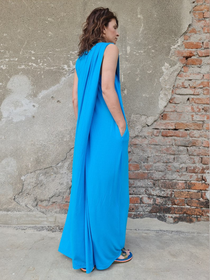 Turquoise Summer Jumpsuit, Loose Fit Jumpsuit, Wide Leg Jumpsuit, Sleeveless Turquoise Jumpsuit, Criss Cross Jumpsuit, Long Jumpsuit Dress