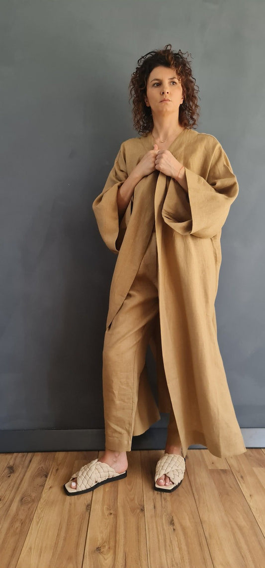 beige linen kimono, long linen kimono, linen kimono cardigan, long japanese kimono, linen japanese kimono, japanese clothing, japanese kimono