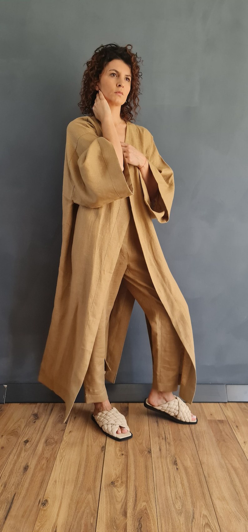 beige linen kimono, long linen kimono, linen kimono cardigan, long japanese kimono, linen japanese kimono, japanese clothing, japanese kimono