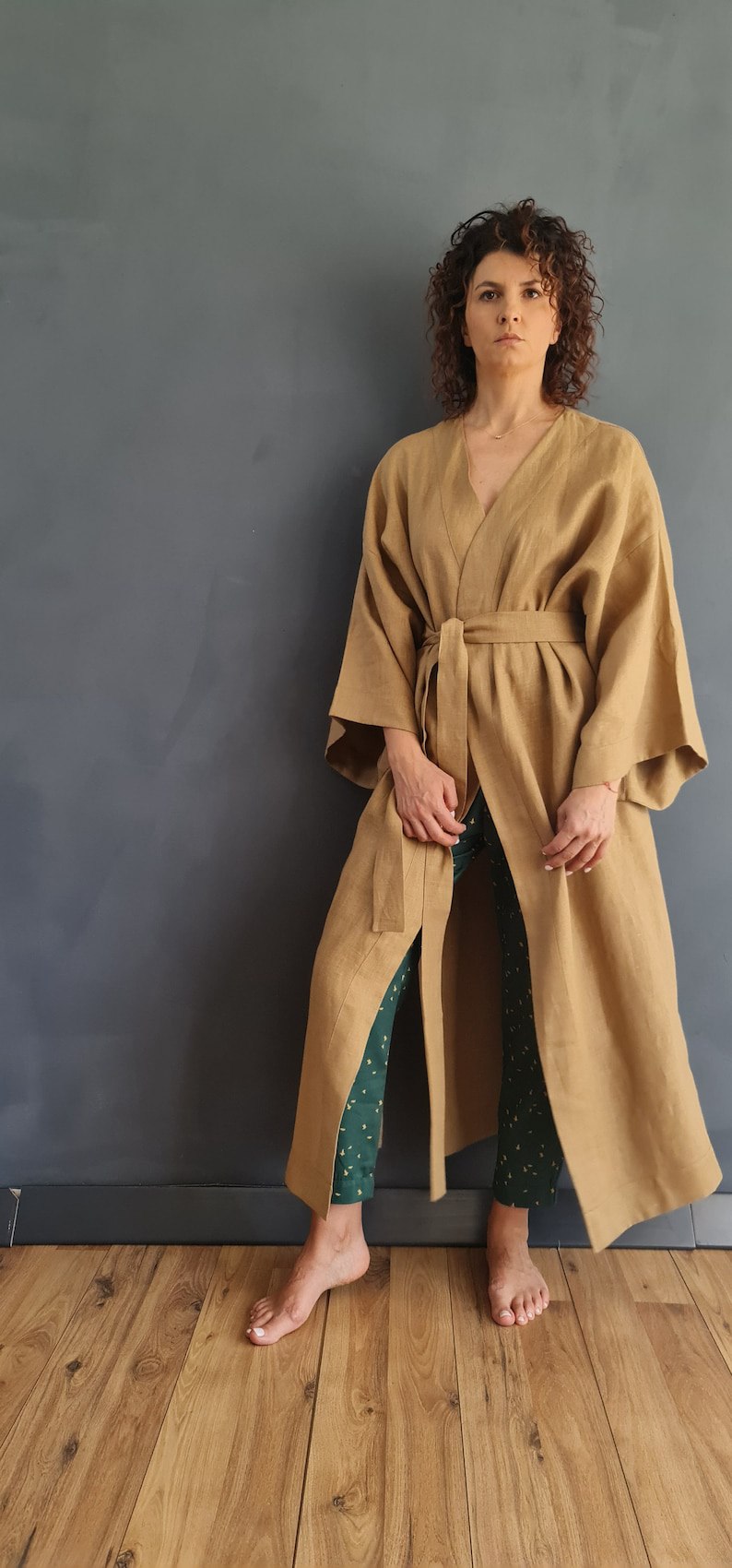 beige linen kimono, long linen kimono, linen kimono cardigan, long japanese kimono, linen japanese kimono, japanese clothing, japanese kimono