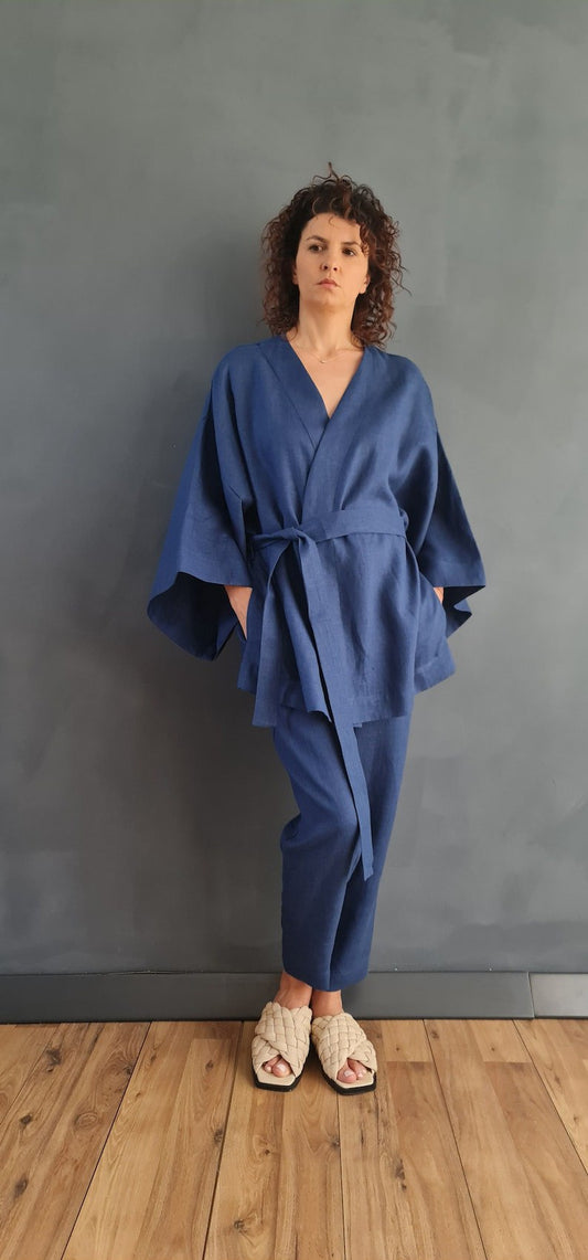 short linen kimono, pure linen kimono, kimono cardigan, women's kimono jumpsuit, short kimono jumpsuit, women's linen kimono, blue denim kimono