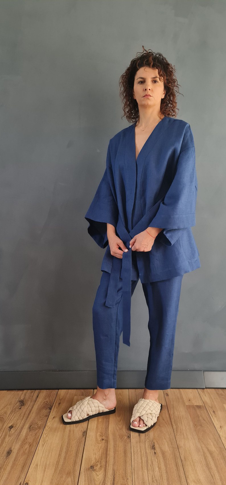 short linen kimono, pure linen kimono, kimono cardigan, women's kimono jumpsuit, short kimono jumpsuit, women's linen kimono, blue denim kimono