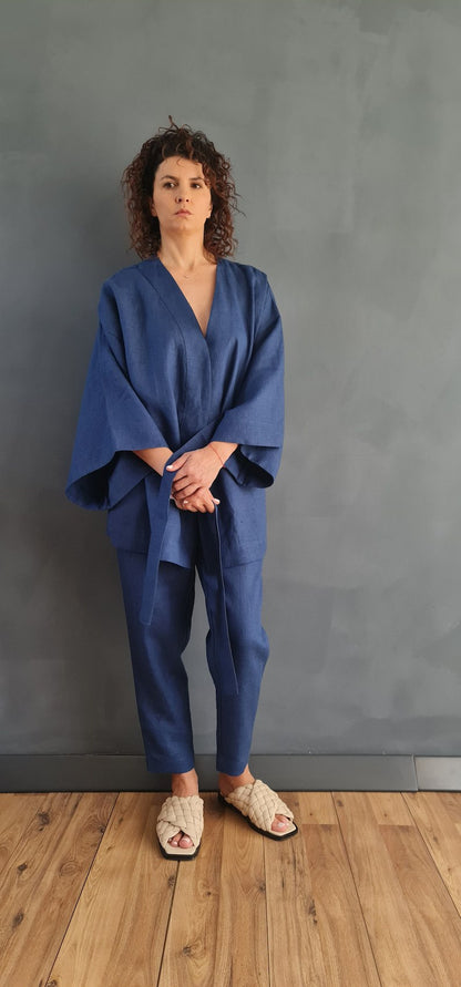 short linen kimono, pure linen kimono, kimono cardigan, women's kimono jumpsuit, short kimono jumpsuit, women's linen kimono, blue denim kimono