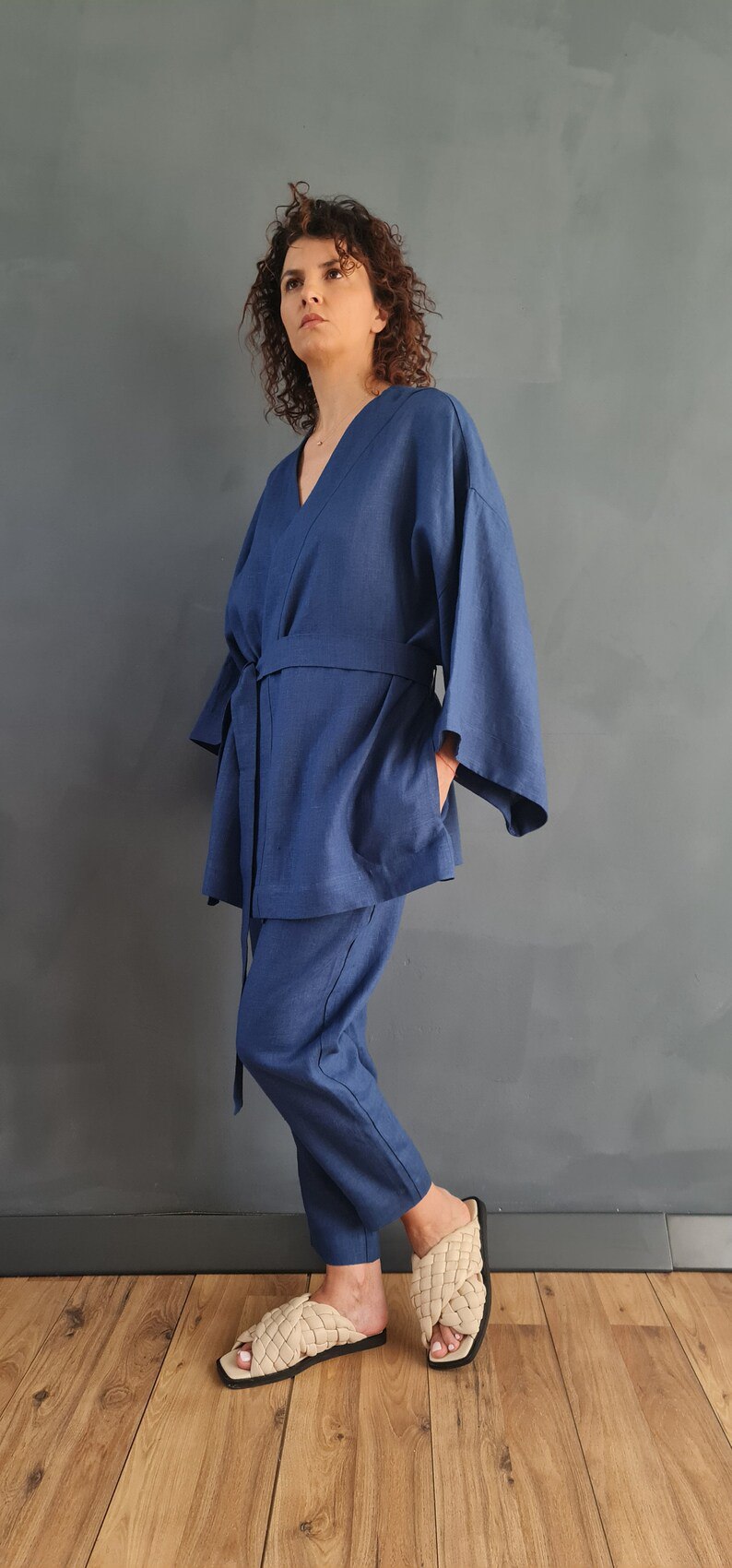 short linen kimono, pure linen kimono, kimono cardigan, women's kimono jumpsuit, short kimono jumpsuit, women's linen kimono, blue denim kimono